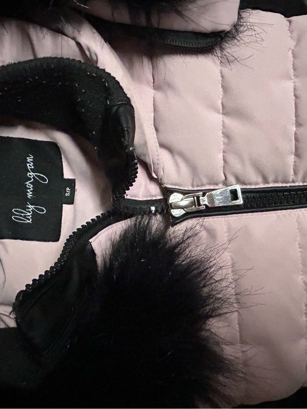 Blush Pink Quilted Coat with Black Fur Trim by Lily Morgan - Picture 2 of 4